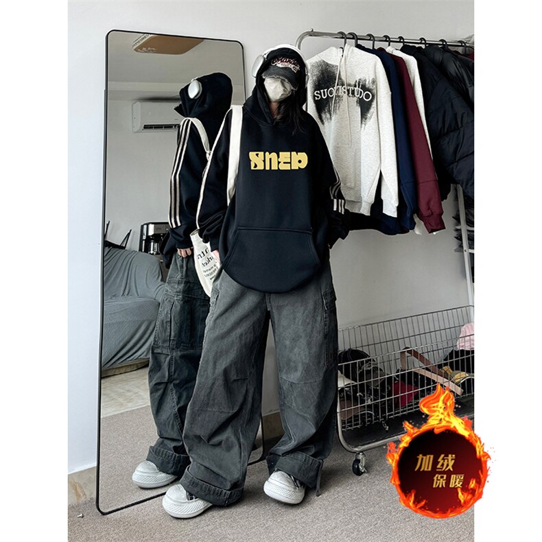抖音得物供货提供视频秋冬重磅美式宽松织带连帽卫衣0413,男装卫衣,电商A486