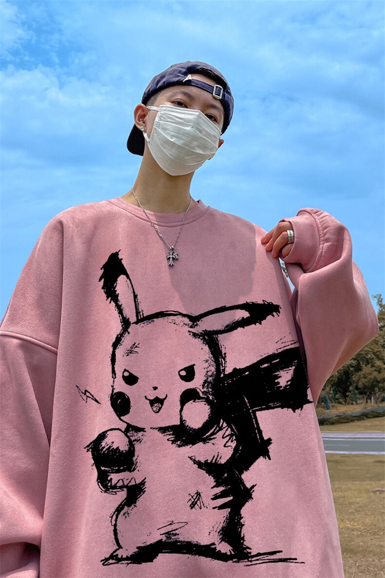 ！23秋季宽松大码港风皮卡丘麂皮绒圆领卫衣JW61-p40控58,男装卫衣,星座508（原C305）