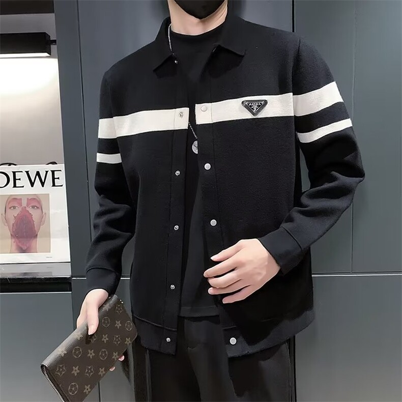 新品春秋款夹克男针织开衫翻领毛衣休闲时尚撞色拼接外套 M810图片
