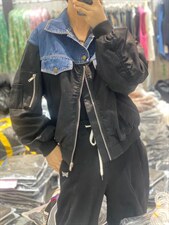 2022欧洲站洋气牛仔拼接PU皮外套，其它，L·H·X