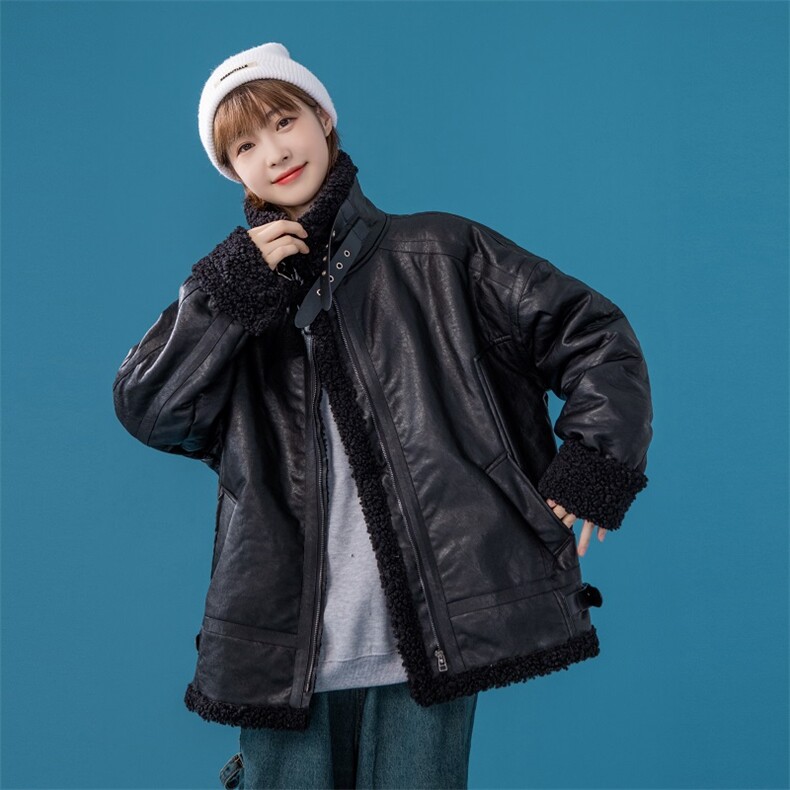 厚夹克皮棉衣毛绒上衣地平线机车皮毛一体棉服 313B-P18-P125图片