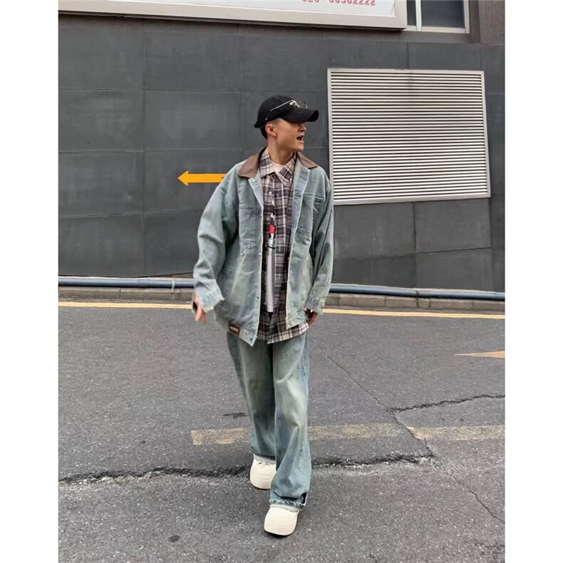 美式复古pu皮拼接牛仔外套男女春秋冬潮牌街头宽松BF翻领工装夹克,男装工装外套,四季星座505