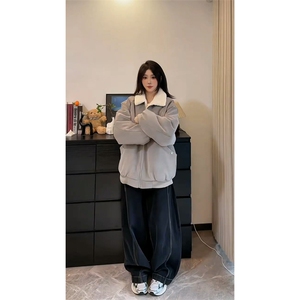 现货重磅硬挺boxy羽绒棉衣座山雕羊羔毛领洗水麂皮棉服冬外套图片