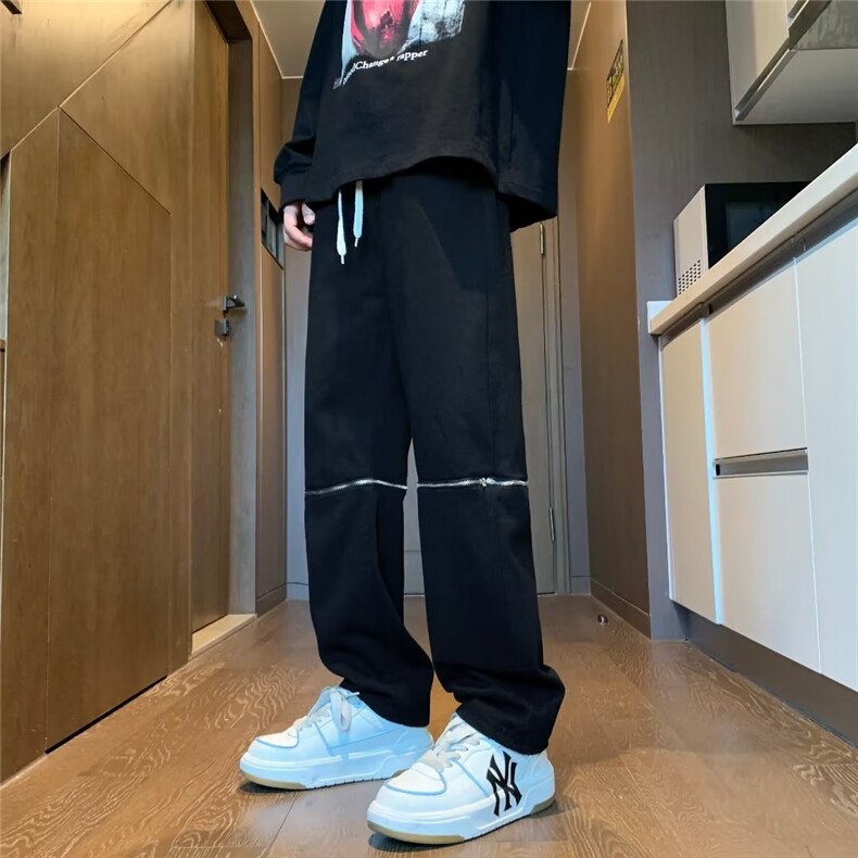 网红同款膝盖拉链破洞牛仔裤水洗高街男休闲裤百搭修身九分裤直筒,男装牛仔裤,四季星座218-1