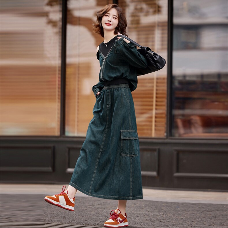 显瘦遮肉牛仔套装减龄开春穿搭一整套女装2025新款露肩两件套裙装,女装套装/套裙,意芙