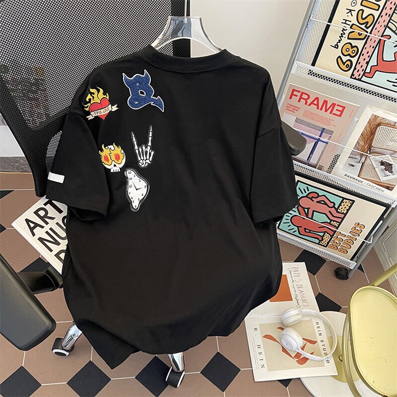 美式复古卡通涂鸦短袖t恤男款夏季重磅纯棉半袖RT3054P40,男装T恤,星座1013-1