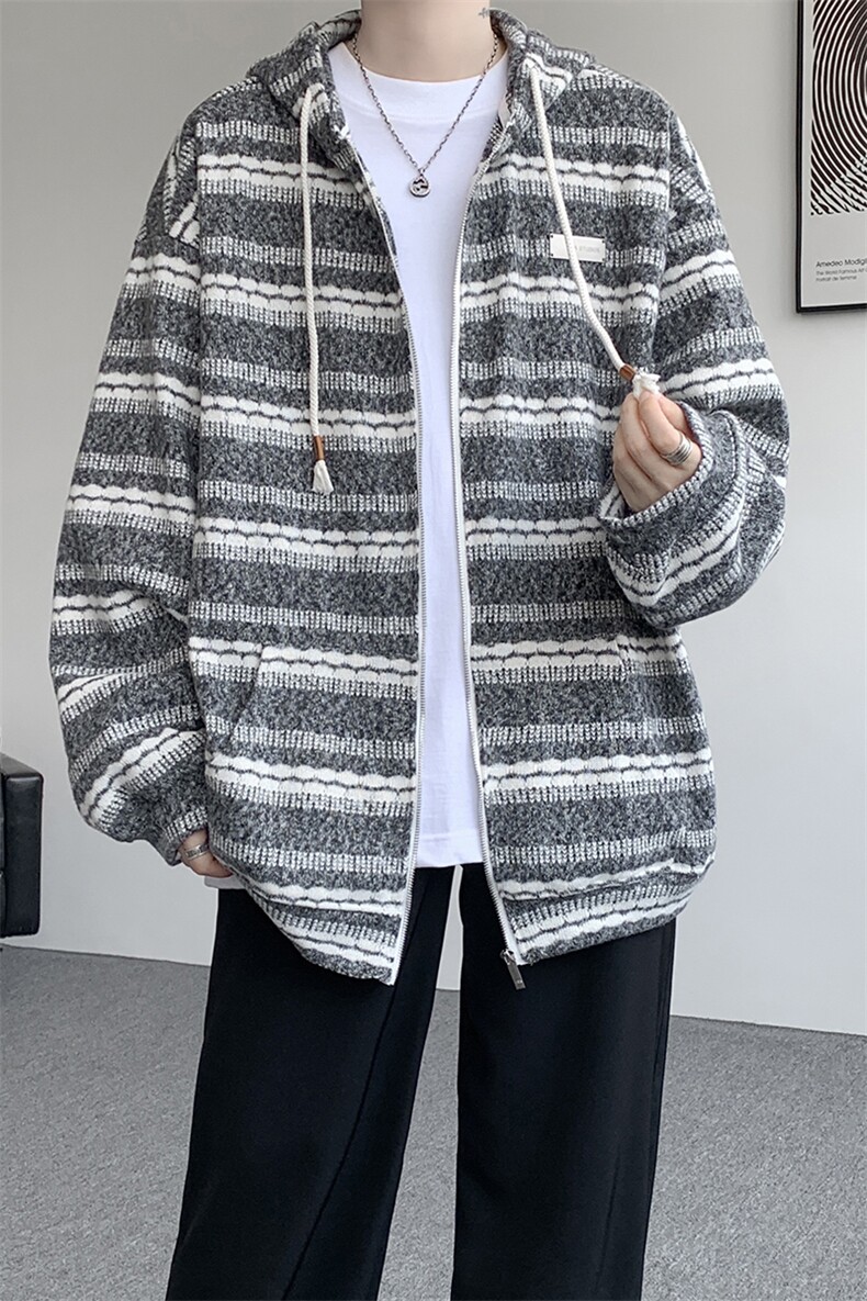 8XL-M潮情侣美式磨毛编织条纹针织衫卫衣宽松拉链外套WY30P88,男装针织衫/毛衣,电商D206-1