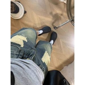复古做旧破洞牛仔七分裤男女高街裤子高腰宽松直筒裤休闲阔腿裤图片