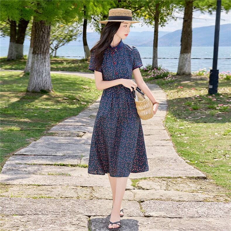 田园风斜领碎花刺绣连衣裙女春夏收腰显瘦中长裙（细节图颜色为）,女装连衣裙,水衣源