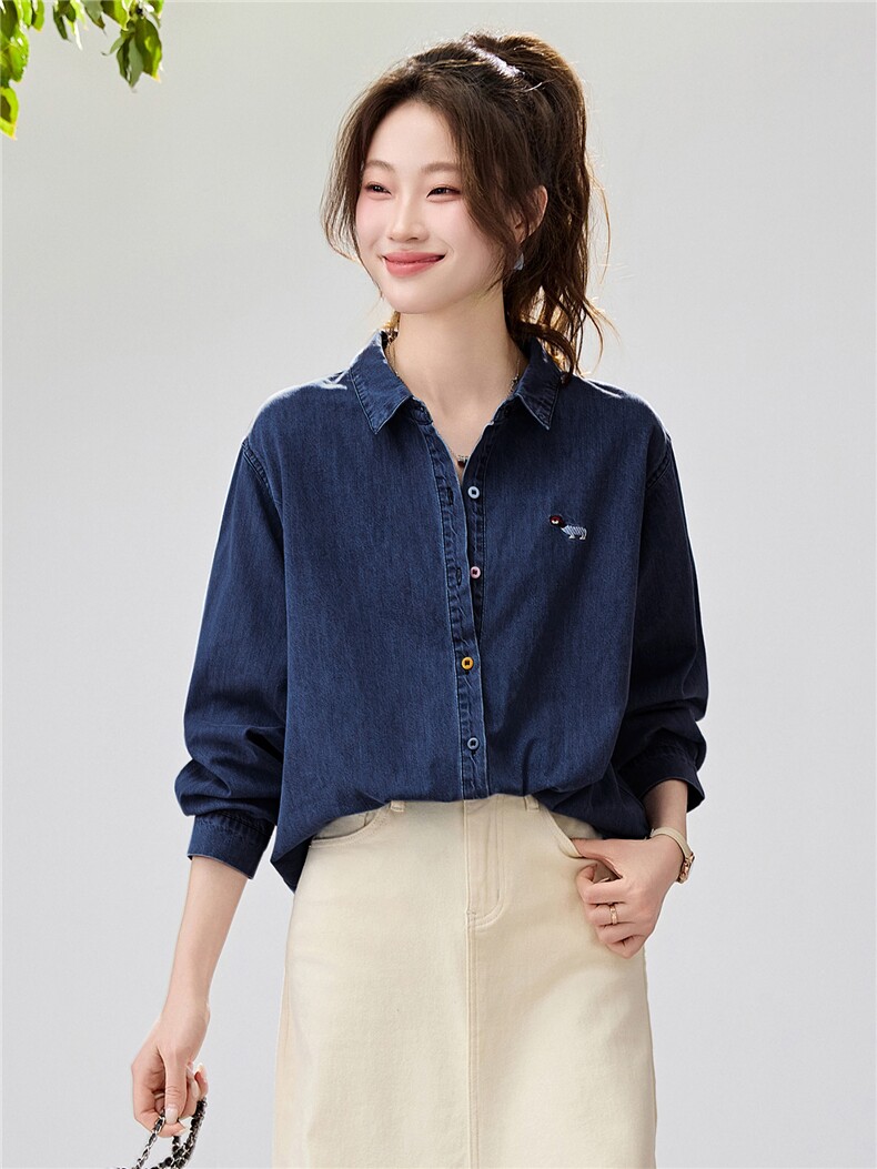 韩系松弛感牛仔衬衫女2026春款刺绣彩扣叠穿百搭长袖上衣宽松显瘦,女装衬衫,艾米