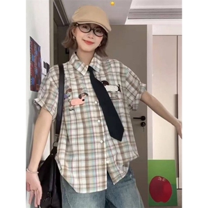 TC547-P45美式趣味小狗毛巾绣格子短袖衬衫夏季新款衬衣图片