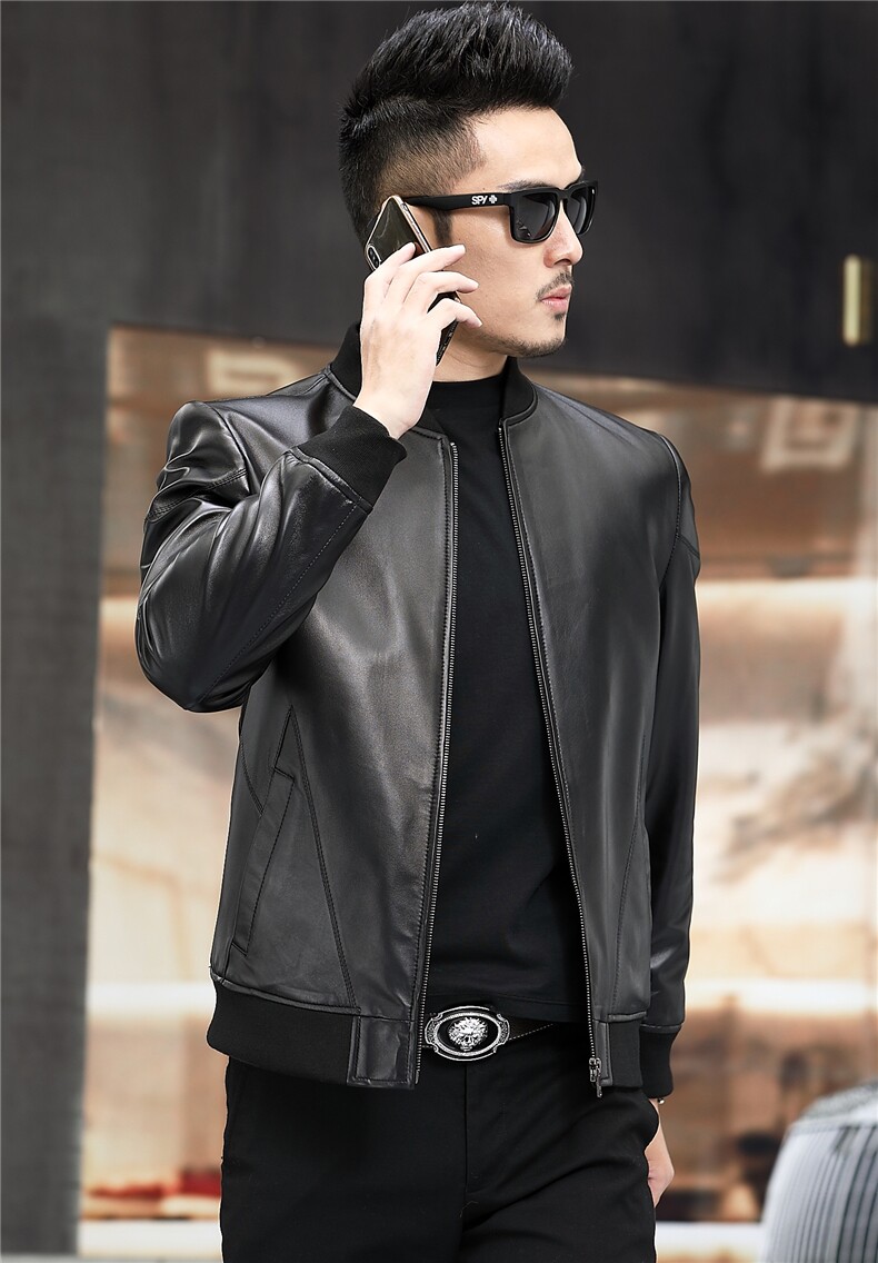 W58007海宁皮衣男绵羊皮外套棒球服潮款简约夹克P399,男装皮衣,电商B360