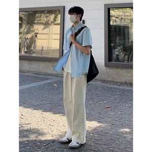白色衬衫男款夏天cheanfit纯色外套阳光干净男生穿搭五分半袖衬衣图片