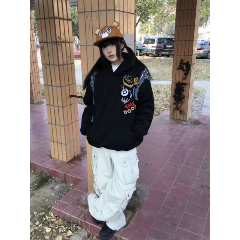 潮美式复古植绒刺绣连帽卫衣男女春秋外套宽松百搭街头帽衫上衣,女装短外套,四季星座505