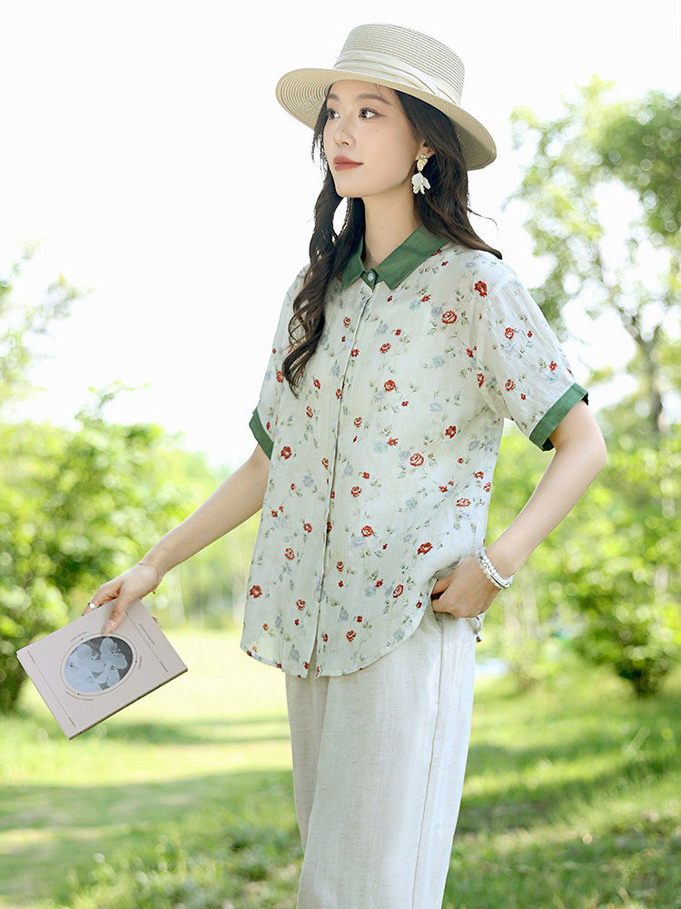 2025夏装新款温柔时尚显瘦复古撞色苎麻碎花衬衫直筒裤女,女装衬衫,凝聚力