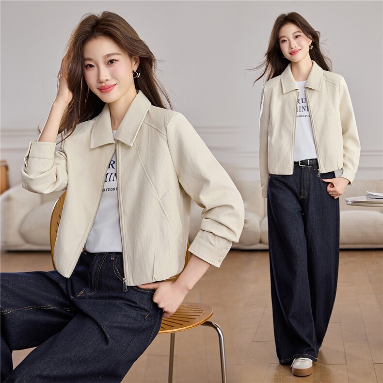 洋气减龄翻领皮衣外套女2026春秋新款宽松休闲小个子短款夹克上衣,女装皮衣,潮流依族