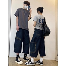 美式街头豹纹牛仔七分裤男女2025夏季宽松阔腿弯刀裤DA6130-P50，男装牛仔裤，星座208-5