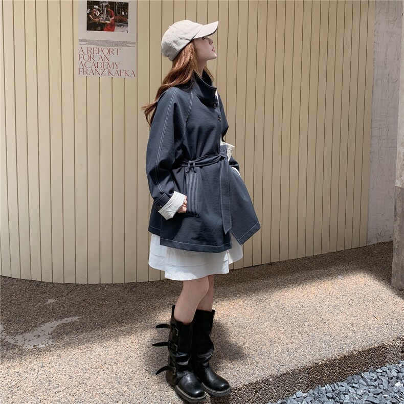 藏青色收腰工装风衣外套女春秋2025新款独特超好看休闲夹克大衣,女装风衣,1D103