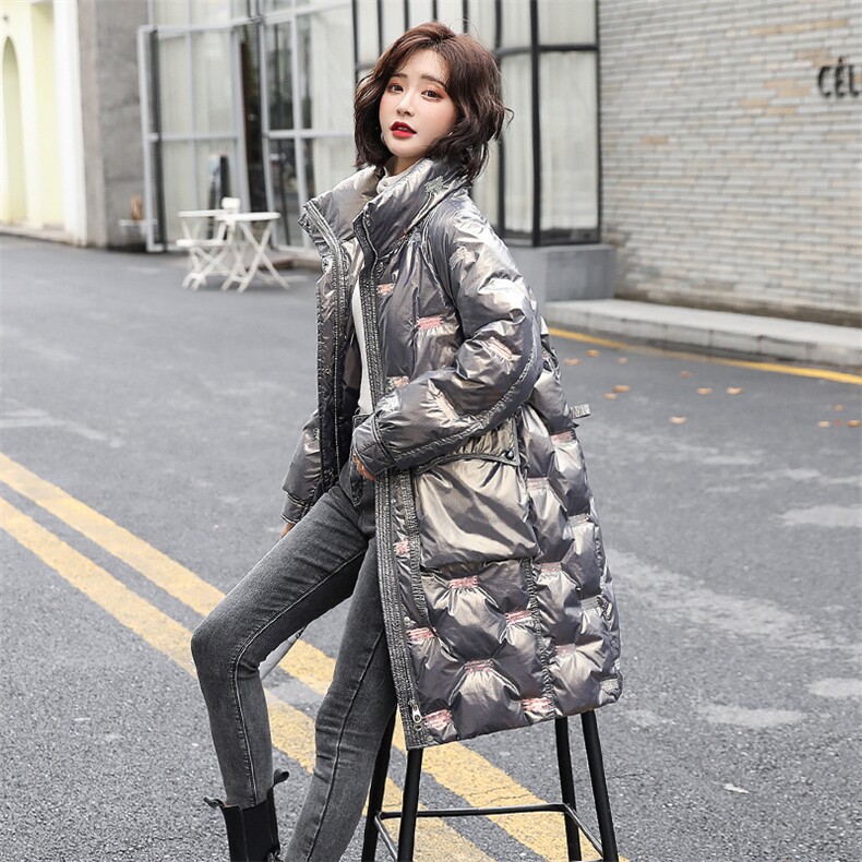 亮皮羽绒服女2020冬季新款韩版时尚亮面炫彩羽绒衣防寒外套中长款，女装羽绒服，素月