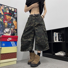 美式水洗多口袋迷彩牛仔七分裤男女夏季潮牌痞帅宽松短裤D021-P48，男装牛仔裤，星座308B-2