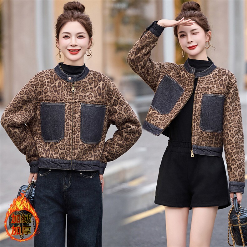 高端欧货冬季加绒小众设计感复古豹纹圆领拉链夹克外套上衣短款女，女装羊羔毛/颗粒绒，江南女神