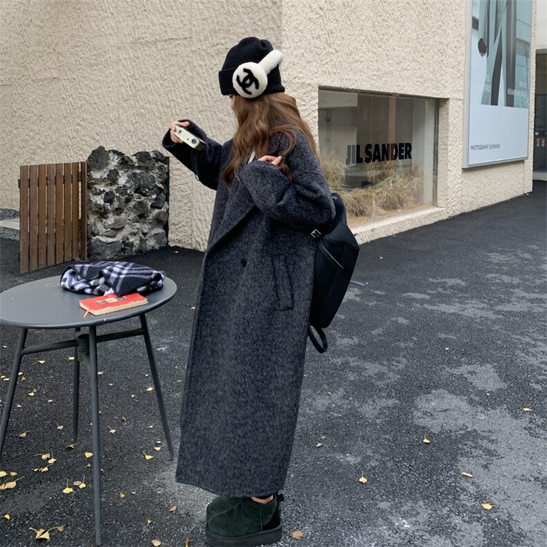 现货新款韩范中长款过膝双面羊绒大衣黑灰色高端毛呢外套女装,女装毛呢外套,韩然一族