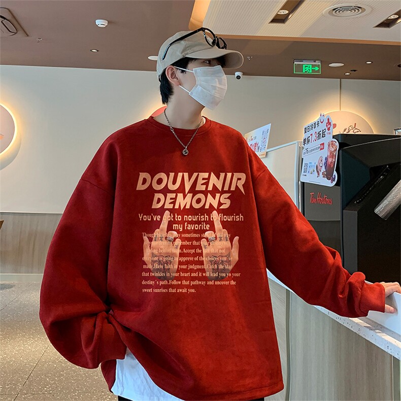 新款得物直播抖音高品质麂皮绒开叉圆角宽松男卫衣W3041P45图片