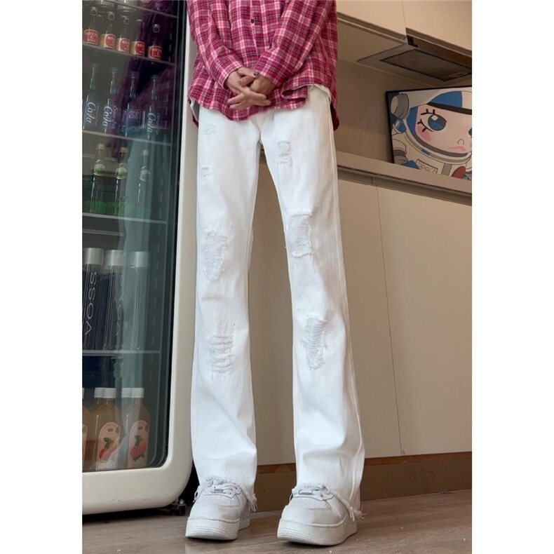 超火破洞牛仔裤男夏季薄款欧美高街vibe裤子设计感微喇直筒裤子，男装牛仔裤，星座302B