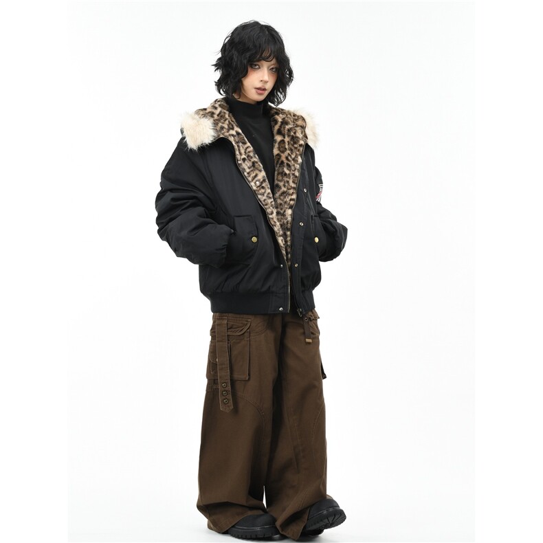 豹纹座山雕毛领连帽棉服女冬季宽松夹棉飞行棉衣外套男M0536-P105,男装棉衣,星座308B-2