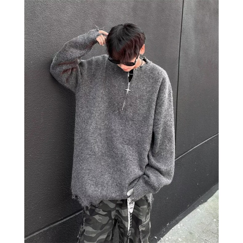 WJ9932-P63半拉链cleanfit破坏毛边针织衫宽松慵懒风设计师毛衣,男装针织衫/毛衣,电商C233