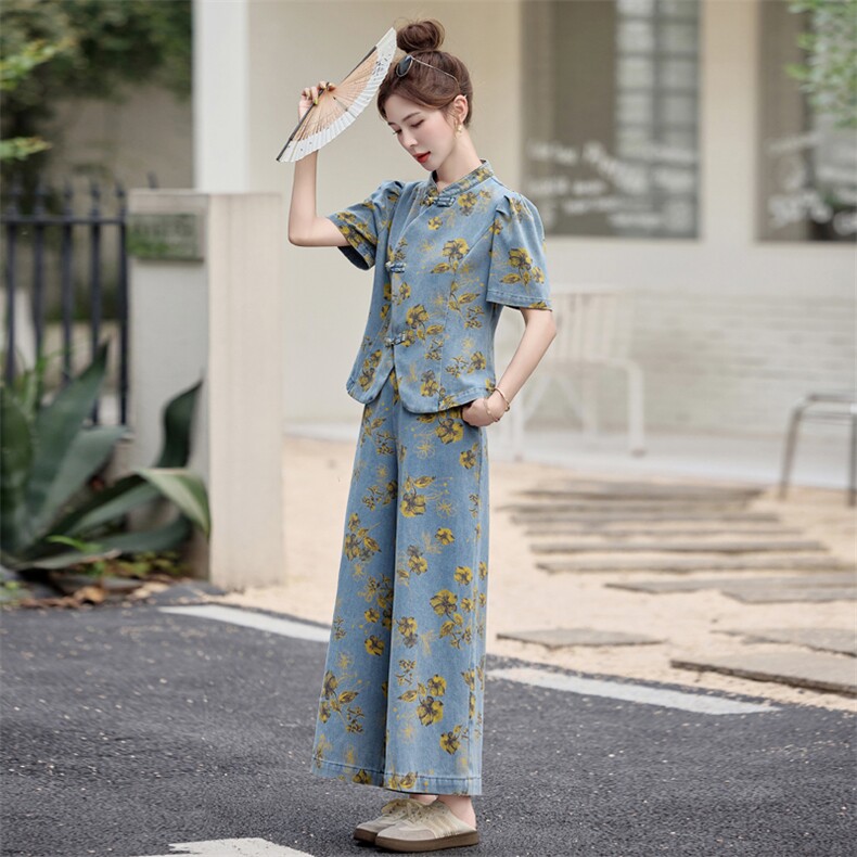 新中式印花牛仔套装女2025夏季新款爆款气质高级感阔腿裤两件套,女装套装/套裙,曼娅璐