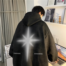 美式高街星星印花麂皮绒宽松落肩袖连帽卫衣JK23519特批45控78，男装卫衣，星座605(原A050)