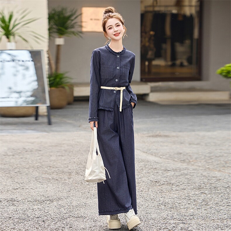 时尚休闲牛仔套装女2025春季新款超好看收腰上衣复古阔腿裤两件套,女装套装/套裙,魅影