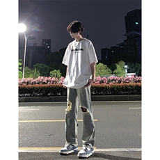 B221美式ins高街暗黑系小众拉链直筒牛仔裤LK23073-P65控88，男装牛仔裤，电商B221