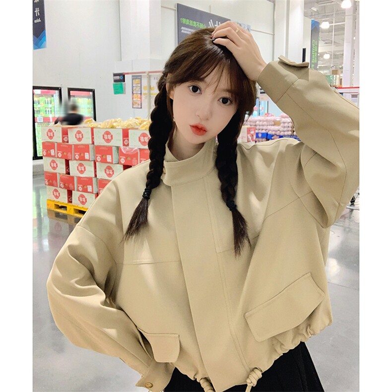 卡其色高级感工装短外套女2023年春秋新款韩版小个子显瘦夹克上衣,女装短外套,辉之琳