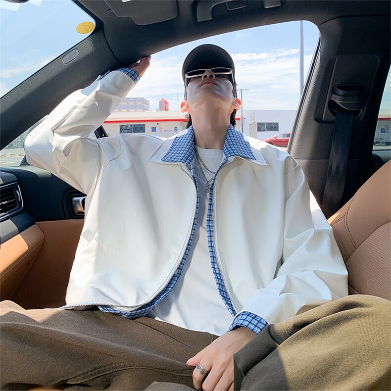 格纹假两件翻领皮衣夹克男ins高街潮牌原宿风宽松夹克JK093-P85，男装皮衣，星座308B-2