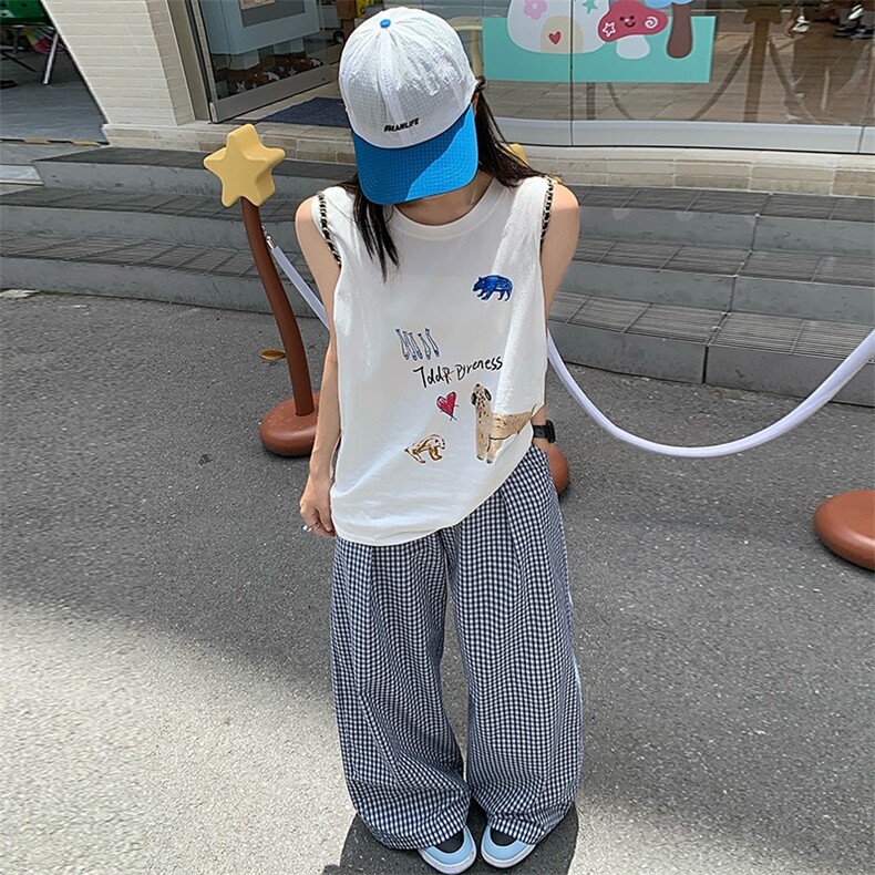 蓝色韩版木耳边格子休闲裤女2025夏季新款直筒高腰显瘦宽松阔腿裤,男装休闲裤,星座506A