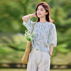 2026年春季文艺风短袖宽松薄苎麻，女装衬衫，江南依恋