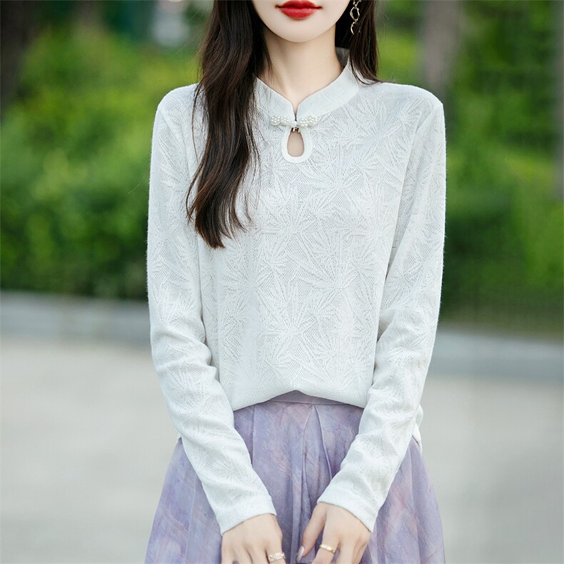 女士秋冬时尚镂空花纹打底针织衫简约休闲显瘦长袖毛衣,针织衫/毛衣,绒宛羊绒