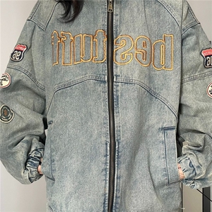 JK8899-P65 美式机车风牛仔外套男水洗做旧潮牌炸街刺绣图片