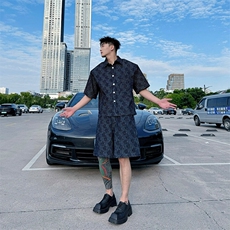 2025夏季韩系轻奢蓝色垫肩做旧牛仔男士提花短袖套装TZ01/P175，男装休闲套装，星座305B