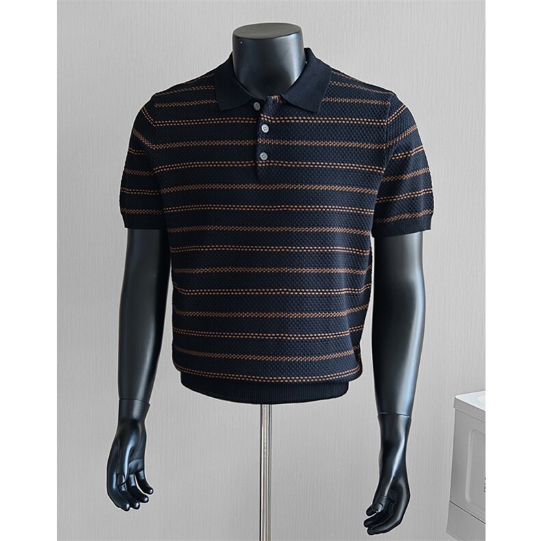 盗图老钱风条纹翻领冰丝薄款针织短袖POLO衫E77111/P58控88，男装T恤，电商A243
