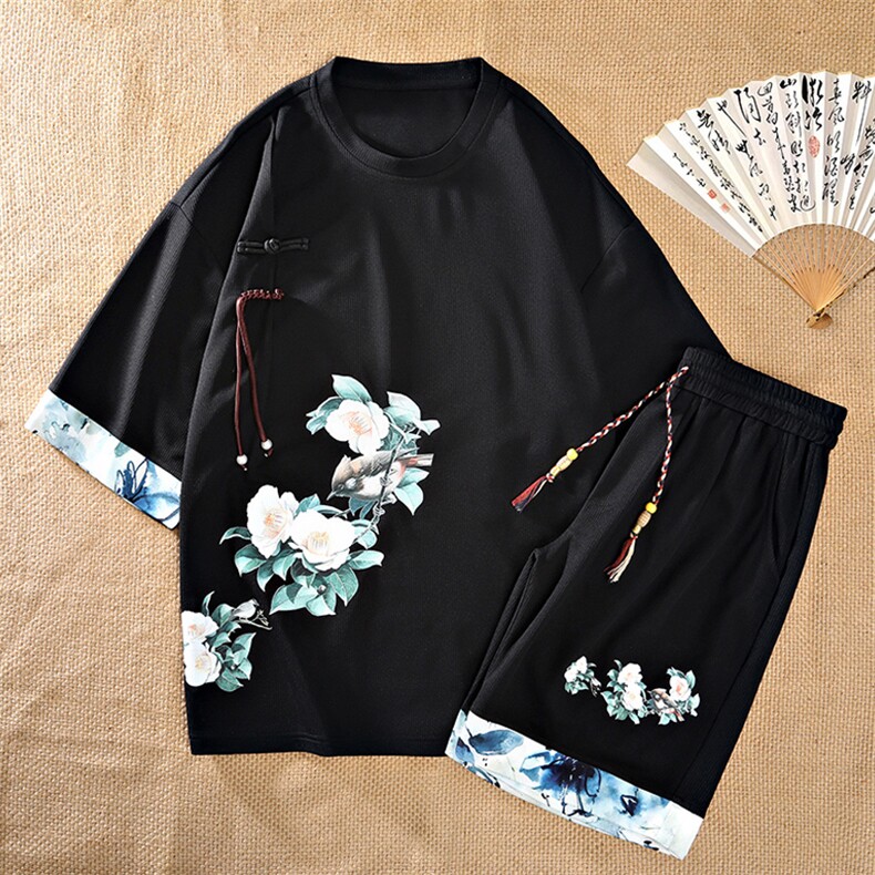 新中式风两件套夏季新中式禅意短袖t恤男套装A436-D221-P52，男装休闲套装，电商A436