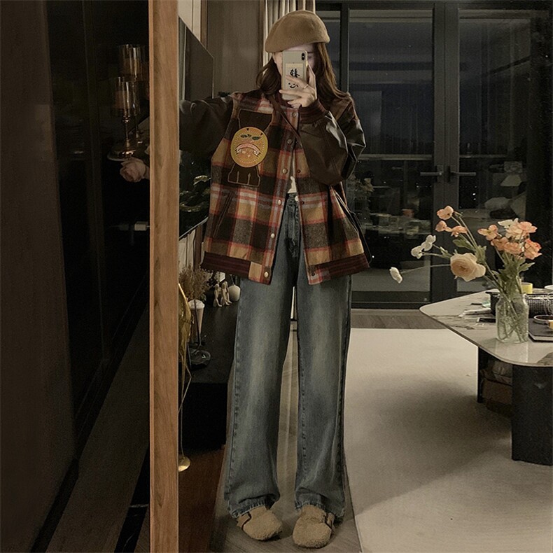 秋季新款复古港味格子棒球服外套长袖宽松刺绣夹克女C341-90,男装夹克,星座911-2(原星座613-2）