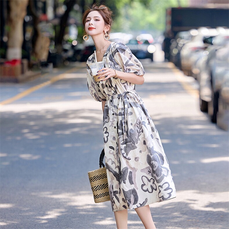 复古时尚艺术感印花连衣裙女2025夏季新款松弛慵懒风泡泡袖A字裙,女装连衣裙,半夏