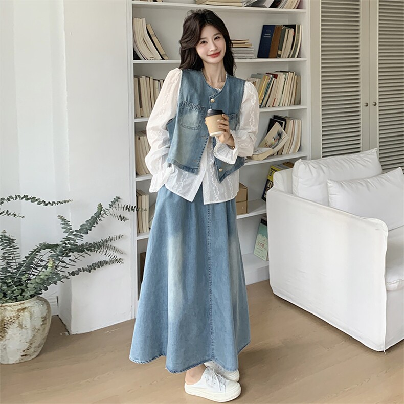 休闲复古牛仔马甲半身裙套装女2025春季新款气质衬衫半身裙三件套图片
