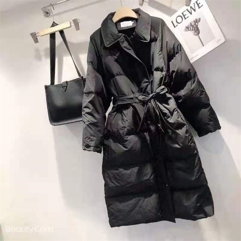 DG858韩版2021新款翻领系带中长款过膝百分百白鸭羽绒服,女装羽绒服,L·H·X