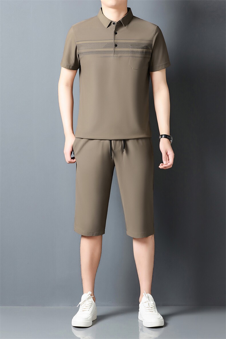 夏季男士短袖短裤套装POLO衫凉感透气翻领简约爸爸休闲冰丝套装,男装牛仔裤,钱塘6003（原4033）