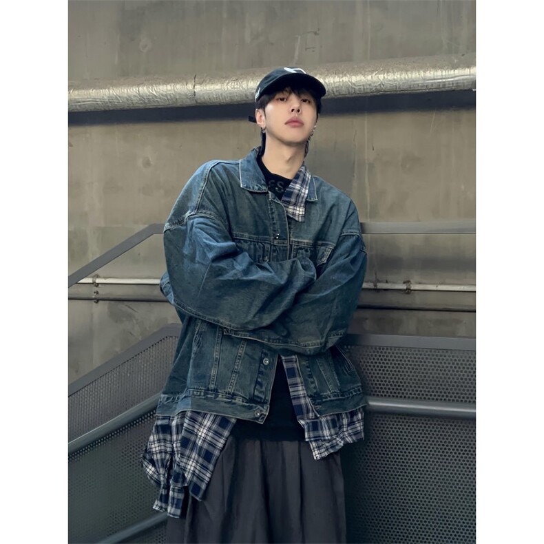 高质量格子假两件牛仔夹克宽松百搭外套JK092-P78,男装夹克,星座313A(原308A-2)