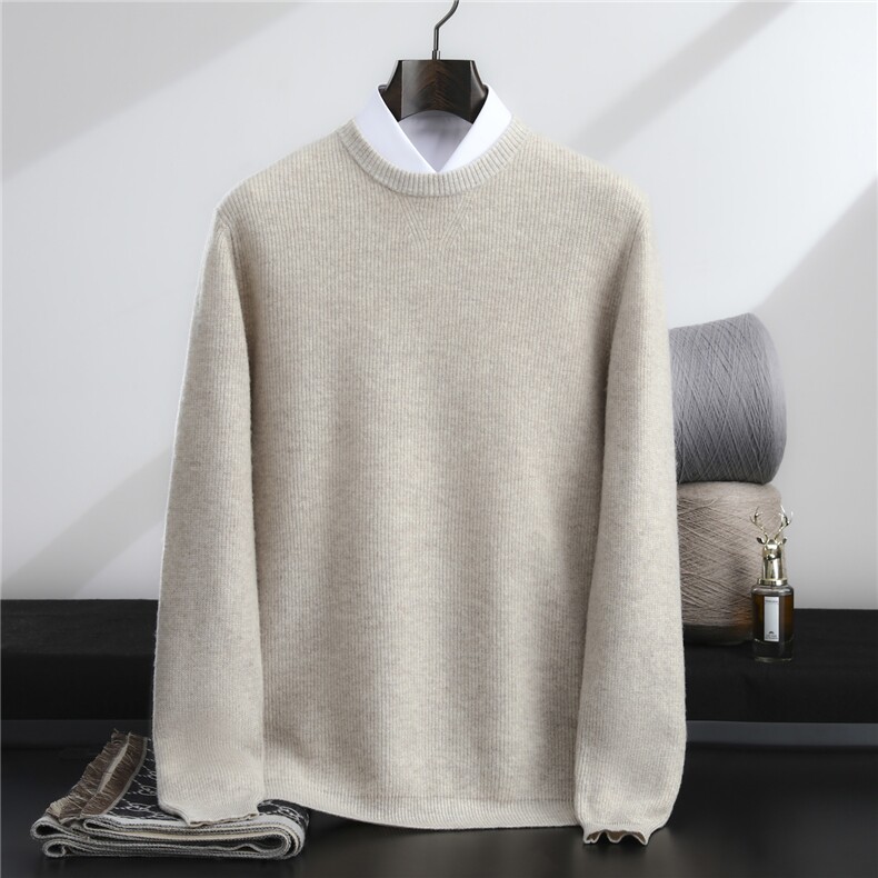 2025百搭时尚简约圆领长袖抽条羊毛衫，男装羊毛衫，忠诺羊绒